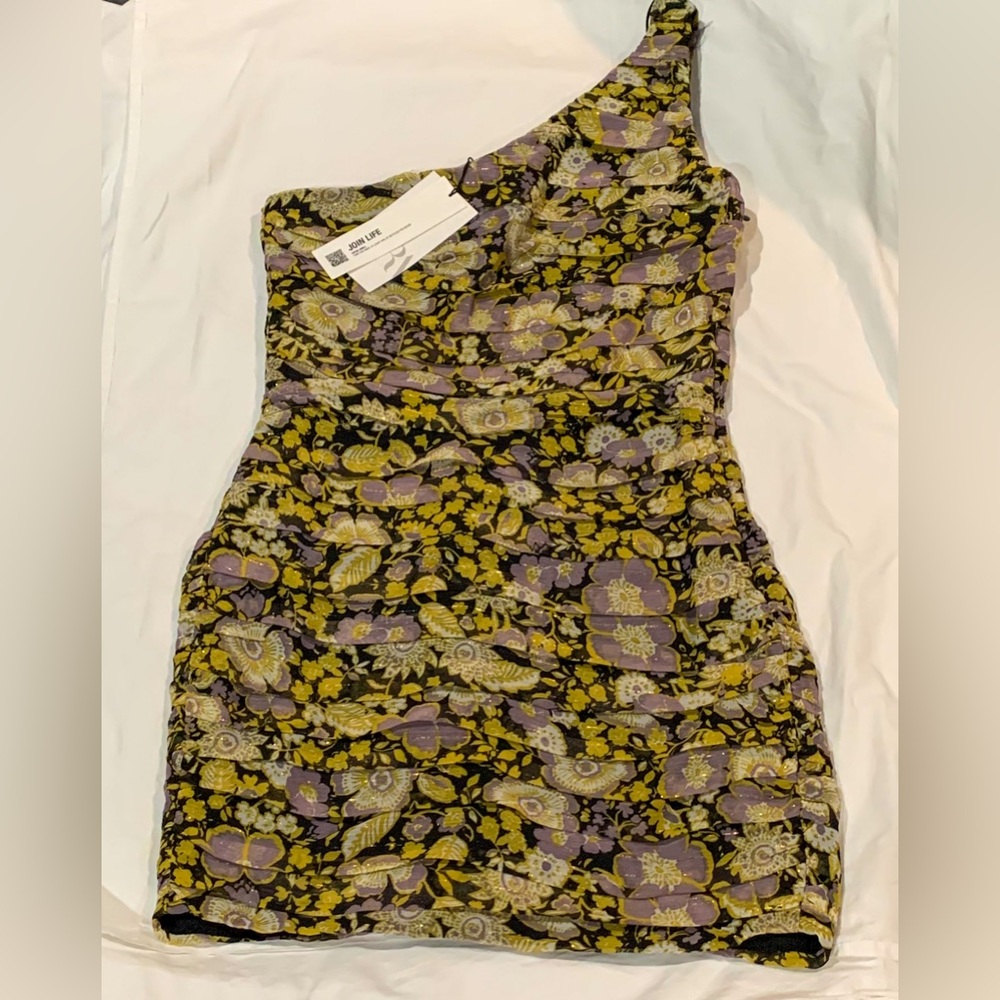 Zara One-Shoulder Mini Dress in Black, Yellow & Lilac Floral